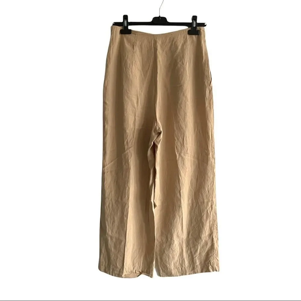 ZARA High Waisted Linen Wide Leg Pants Camel Tan M